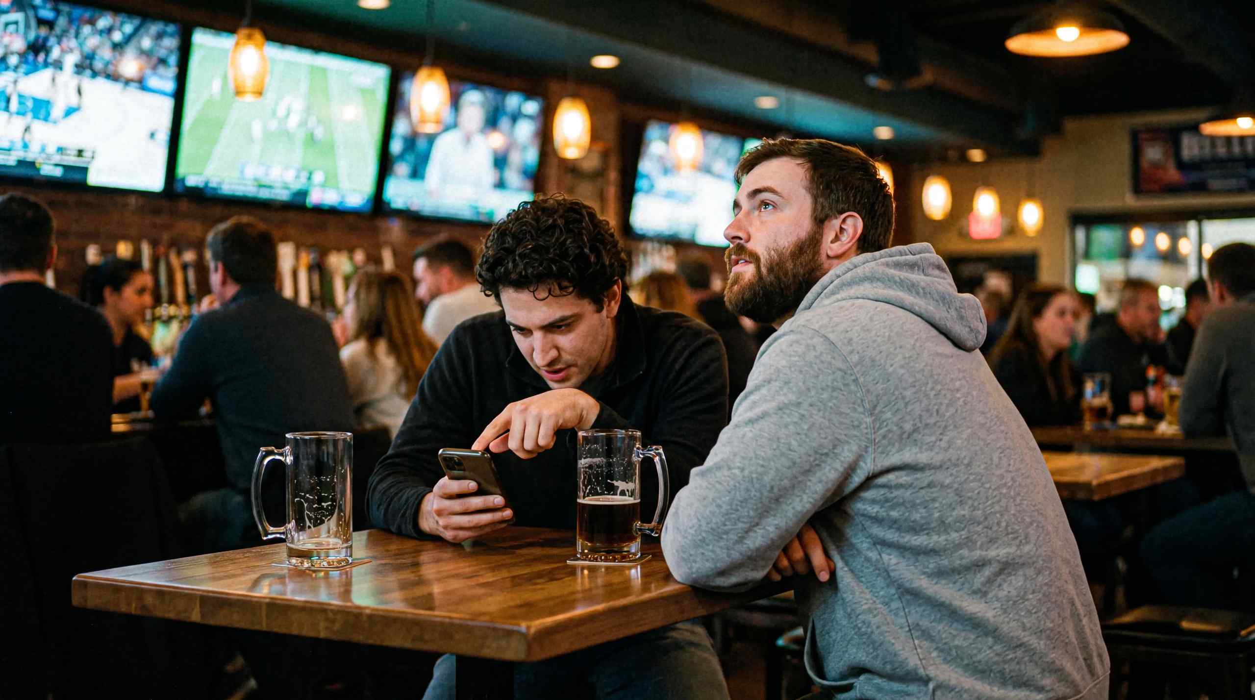 Two men at a bar checking the odds on a sports game.